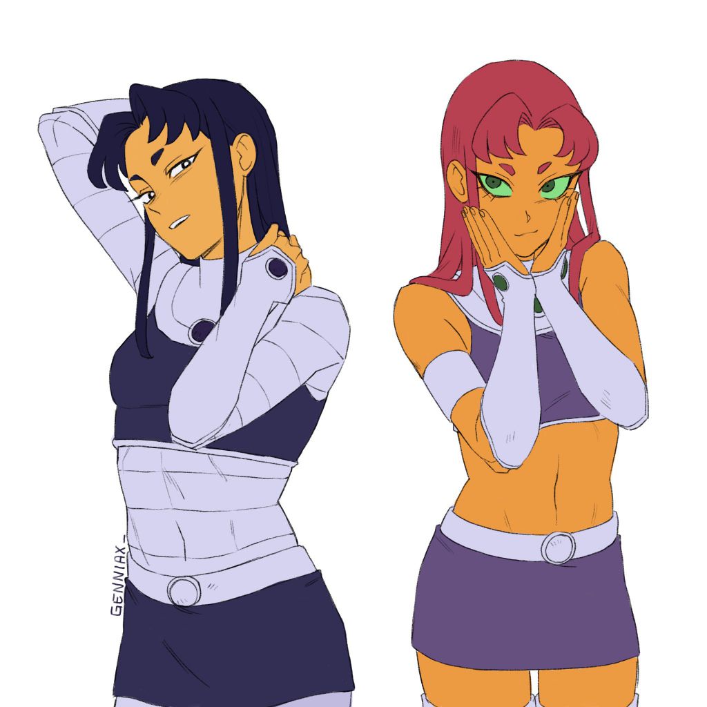 2girls blackfire bra colored_skin crop_top dc_comics flat_color genniax green_eyes hands_on_own_face miniskirt multiple_girls non-web_source orange_skin red_hair skirt starfire teen_titans tight_clothes underwear