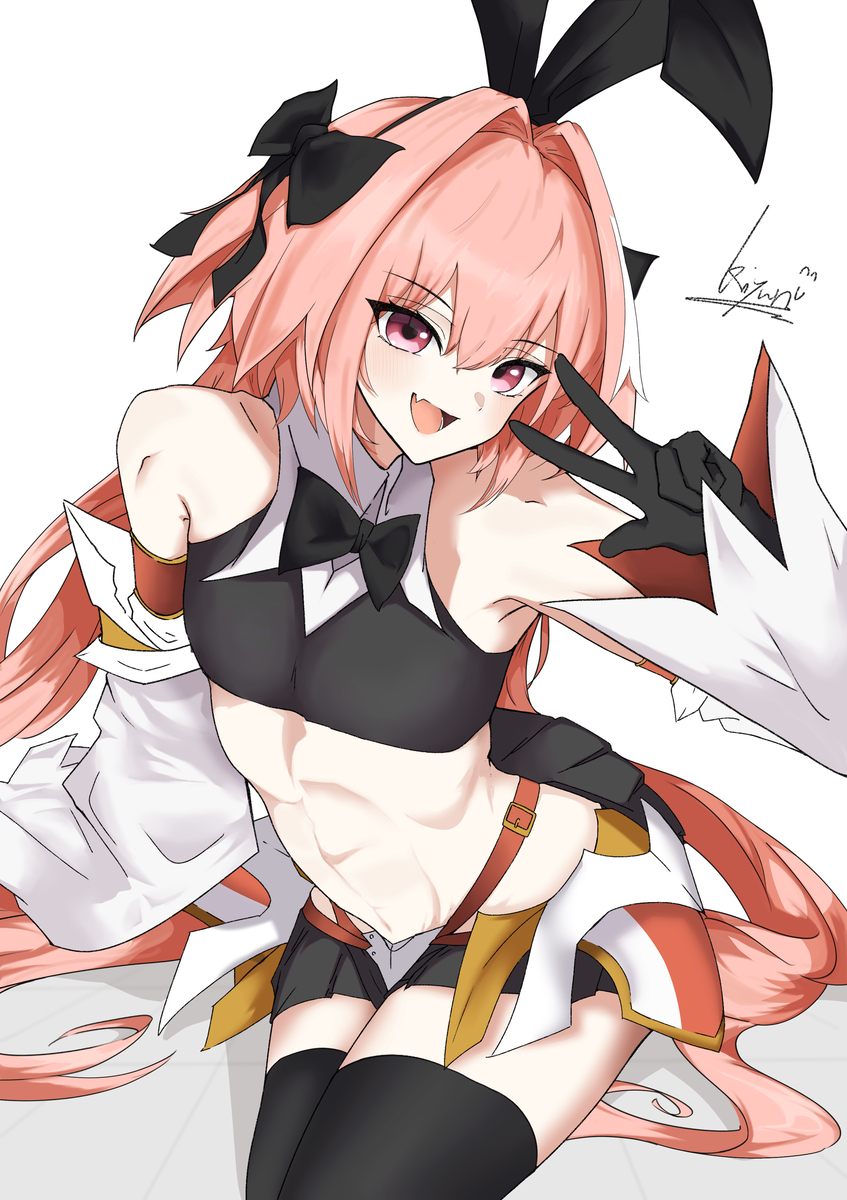 1boy animal_ears astolfo_(fate) astolfo_(saber)_(fate) astolfo_(saber)_(first_ascension)_(fate) bare_shoulders black_bow black_gloves black_ribbon black_thighhighs blush bow bowtie commentary_request crop_top detached_sleeves fake_animal_ears fate/grand_order fate_(series) gloves hair_bow hair_intakes hair_ribbon highres kamimiya_ramada long_hair male_focus ribbon solo thighhighs