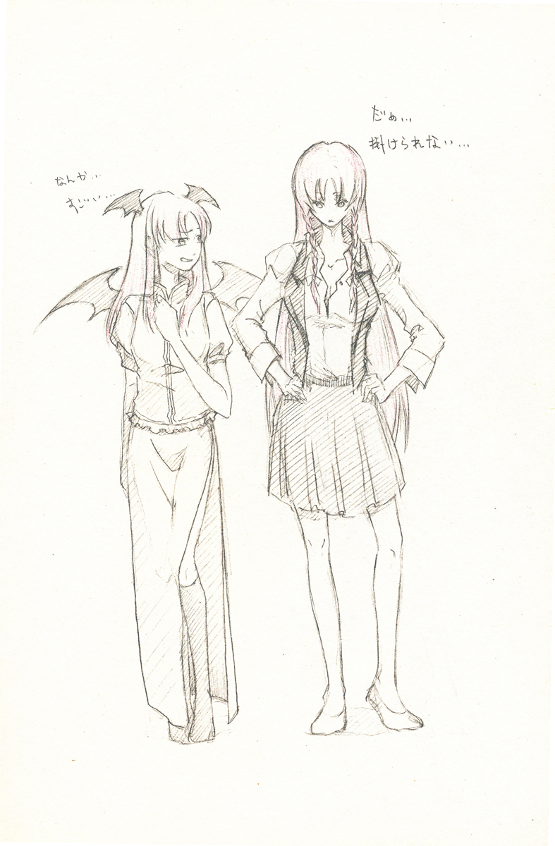 2girls bat_wings braid breast_envy breasts china_dress chinese_clothes cleavage collarbone collared_shirt cosplay costume_switch dress dress_shirt full_body graphite_(medium) greyscale hair_ribbon hand_on_own_chest hands_on_own_hips head_wings highres hong_meiling hong_meiling_(cosplay) juliet_sleeves koakuma koakuma_(cosplay) long_hair long_sleeves looking_at_another looking_down monochrome multiple_girls no_shoes open_clothes open_vest pigeon-toed puffy_short_sleeves puffy_sleeves red_hair ribbon semei_(skylarkmei) shirt shoes short_sleeves side_slit sidelocks simple_background skirt skirt_set spot_color thighhighs touhou traditional_media translation_request tress_ribbon twin_braids unbuttoned unbuttoned_shirt very_long_hair vest white_background wings