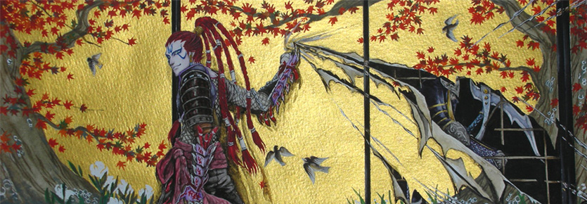 1boy armor bird colored_skin dreadlocks fuuma_kotarou gauntlet grey_skin hattori_hanzo leaf male_focus mask painting_(object) ponytail red_hair screen scythe sengoku_musou tree weapon