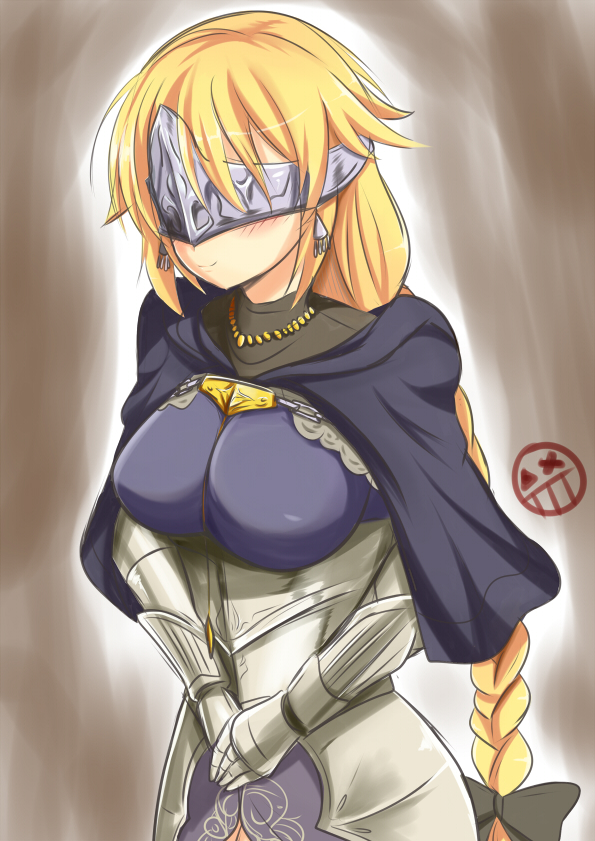 1girl armor blonde_hair blush braid breasts cosplay dark_souls_(series) dark_souls_i dark_souls_iii earrings fate/apocrypha fate/grand_order fate_(series) female_focus fire_keeper fire_keeper_(cosplay) gauntlets helmet jeanne_d&#039;arc_(fate) jeanne_d&#039;arc_(ruler)_(fate) jewelry long_hair look-alike setia_pradipta single_braid smile solo very_long_hair