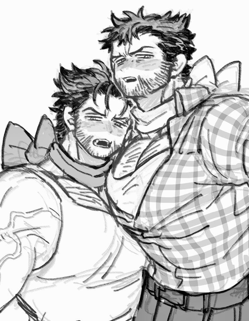 2boys bara beard belt blush chest_hair choker commentary deadpool_&amp;_wolverine deadpool_(series) dishing dual_persona facial_hair looking_at_viewer male_focus marvel marvel_cinematic_universe mature_male monochrome multiple_boys muscular muscular_male open_mouth pants pectoral_docking pectoral_focus pectoral_press pectorals plaid_clothes plaid_shirt ribbon_choker shirt short_hair symbol-only_commentary tank_top teeth veins veiny_arms wolverine_(x-men) x-men x-men_film_series x-men_origins:_wolverine