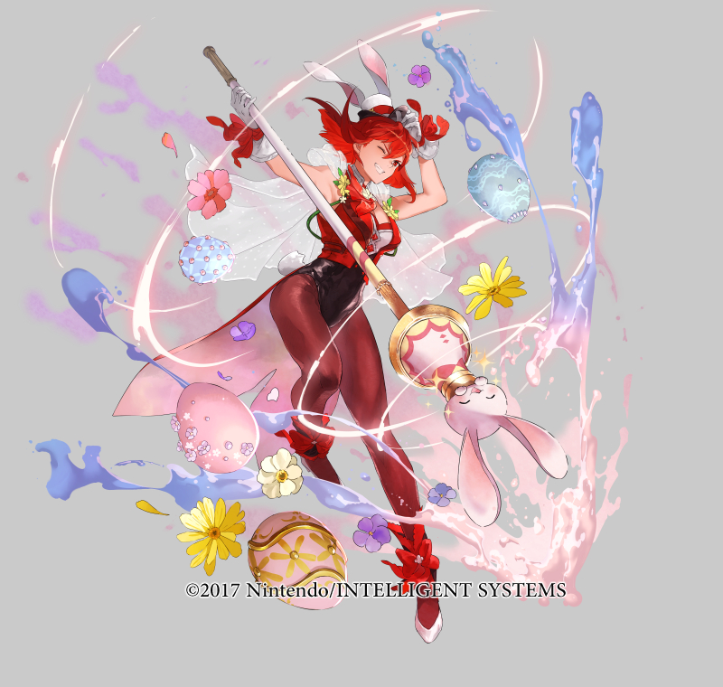1girl breasts capelet copyright_notice egg fire_emblem fire_emblem:_mystery_of_the_emblem fire_emblem_heroes floating floating_object full_body gloves grey_background hat high_heels holding leotard mayo_(becky2006) medium_breasts minerva_(fire_emblem) minerva_(spring)_(fire_emblem) mini_hat nintendo official_art one_eye_closed pantyhose parted_lips petals polearm rabbit_tail red_eyes red_hair short_hair sleeveless smile solo sparkle tail teeth weapon white_gloves