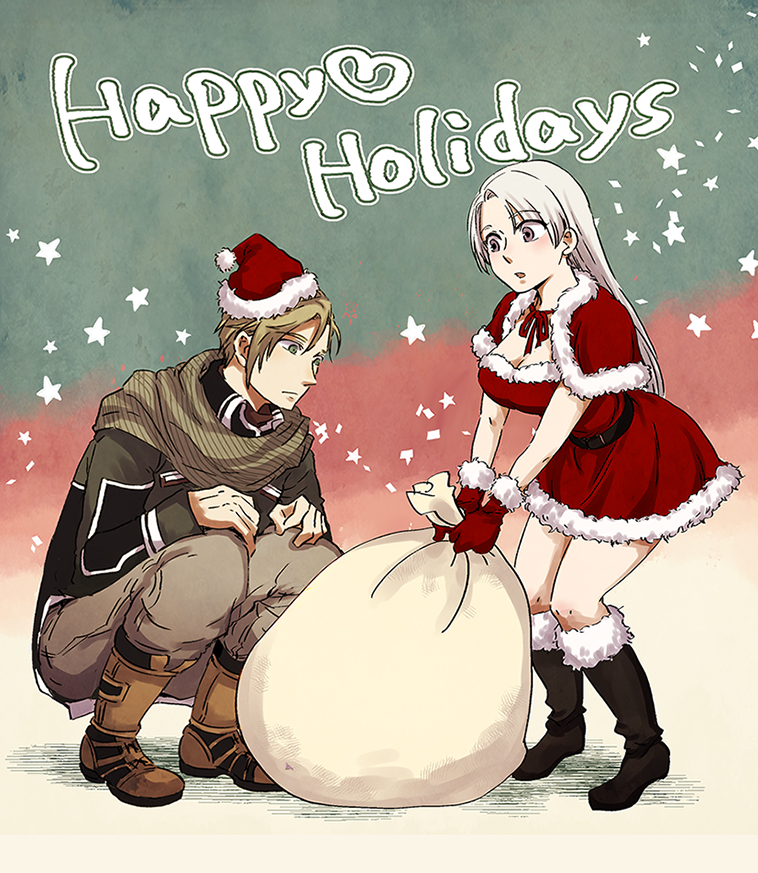 1boy 1girl breasts brown_hair chris_lightfellow christmas cleavage closed_mouth commentary_request gensou_suikoden gensou_suikoden_iii long_hair nash_latkje ruruo_(p76) short_hair silver_hair
