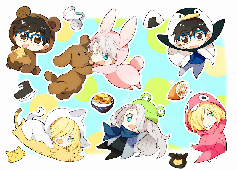 10s 3boys :p ;d animal_costume animal_hat bear_costume black_hair blonde_hair blue-framed_eyewear blue_eyes brown_eyes rabbit_costume cat_costume chibi dinosaur_costume dog dual_persona food frog_hat glasses green_eyes hair_over_one_eye hat honey honeypot ice_skates katsudon_(food) katsuki_yuuri long_hair makkachin male_focus medal multiple_boys one_eye_closed onigiri open_mouth penguin_costume pirozhki scarf silver_hair skates smile stuffed_animal stuffed_cat stuffed_toy tongue tongue_out viktor_nikiforov yanzhan yuri!!!_on_ice yuri_plisetsky