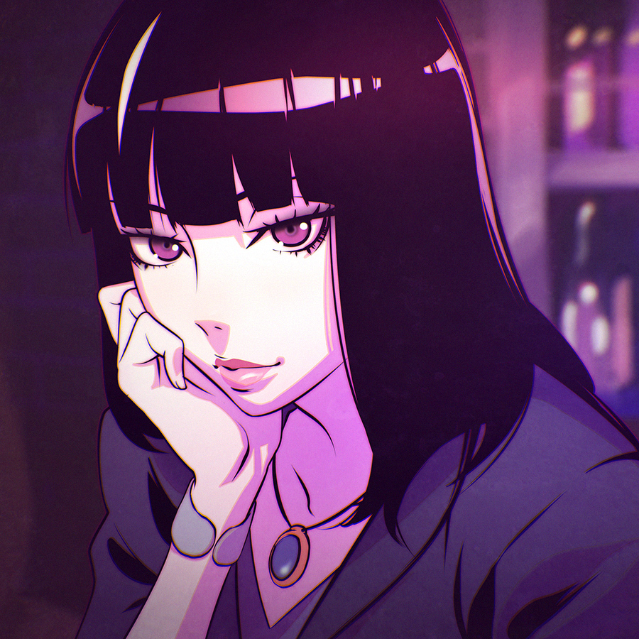 10s 1girl black_hair blunt_bangs blurry chiyuki_(death_parade) death_parade depth_of_field eyelashes female_focus head_rest ilya_kuvshinov jewelry kurokami_no_onna long_hair necklace purple_eyes solo