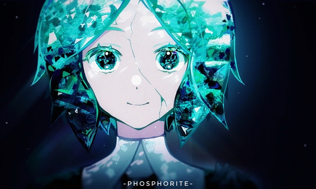 1other androgynous aqua_eyes aqua_hair black_necktie closed_mouth collared_shirt crack cracked_skin crystal_hair gem_uniform_(houseki_no_kuni) glowing glowing_hair houseki_no_kuni looking_at_viewer necktie ningmeng456 other_focus phosphophyllite phosphophyllite_(gemstone) portrait shirt short_hair smile solo
