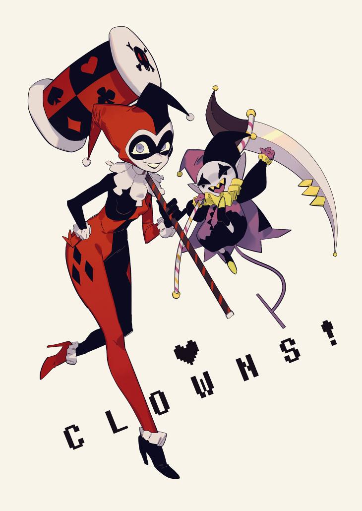 1boy 1girl ace_(playing_card) ace_of_clubs ace_of_diamonds ace_of_hearts ace_of_spades allhailjotman asymmetrical_footwear asymmetrical_gloves black_bodysuit black_footwear black_gloves black_hat black_mask bodysuit boots breasts cape card clown clown_boy club_(shape) colored_skin commentary crossover dc_comics deltarune diamond_(shape) english_commentary english_text eye_mask frilled_footwear frilled_sleeves frills full_body gloves grey_eyes grey_skin grin hammer hand_on_own_hip harley_quinn hat heart high_heel_boots high_heels holding holding_hammer holding_scythe hollow_eyes jester jester_boy jester_cap jevil long_sleeves looking_at_viewer mismatched_footwear mismatched_gloves neck_ruff open_mouth playing_card purple_cape purple_gloves purple_hat red_bodysuit red_footwear red_gloves red_hat scythe sharp_teeth simple_background skull_print small_breasts smile spade_(shape) standing standing_on_one_leg teeth tongue trait_connection two-tone_bodysuit two-tone_hat upper_teeth_only yellow_background yellow_teeth