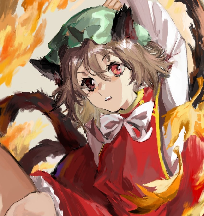 1girl animal_ears bow bowtie brown_hair cat_ears cat_tail chen earrings fire green_hat hat heinrich_(fernanderuddle) jewelry long_sleeves looking_at_viewer mob_cap multiple_tails nekomata orange_background red_vest solo tail touhou two_tails vest