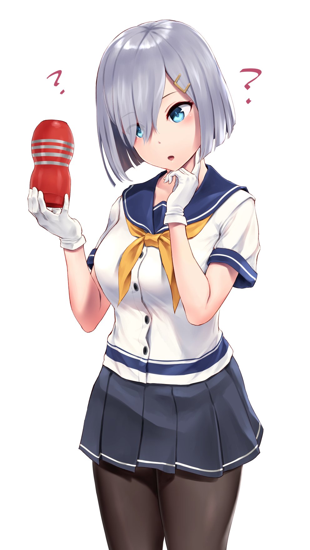 1girl ? black_pantyhose blue_eyes blush breasts commentary_request eyes_visible_through_hair female_focus gloves hair_ornament hairclip hamakaze_(kancolle) highres kantai_collection large_breasts neckerchief open_mouth pantyhose pleated_skirt school_uniform serafuku short_hair short_sleeves silver_hair simple_background skirt solo tenga twitter_username wa_(genryusui) white_background white_gloves yellow_neckerchief