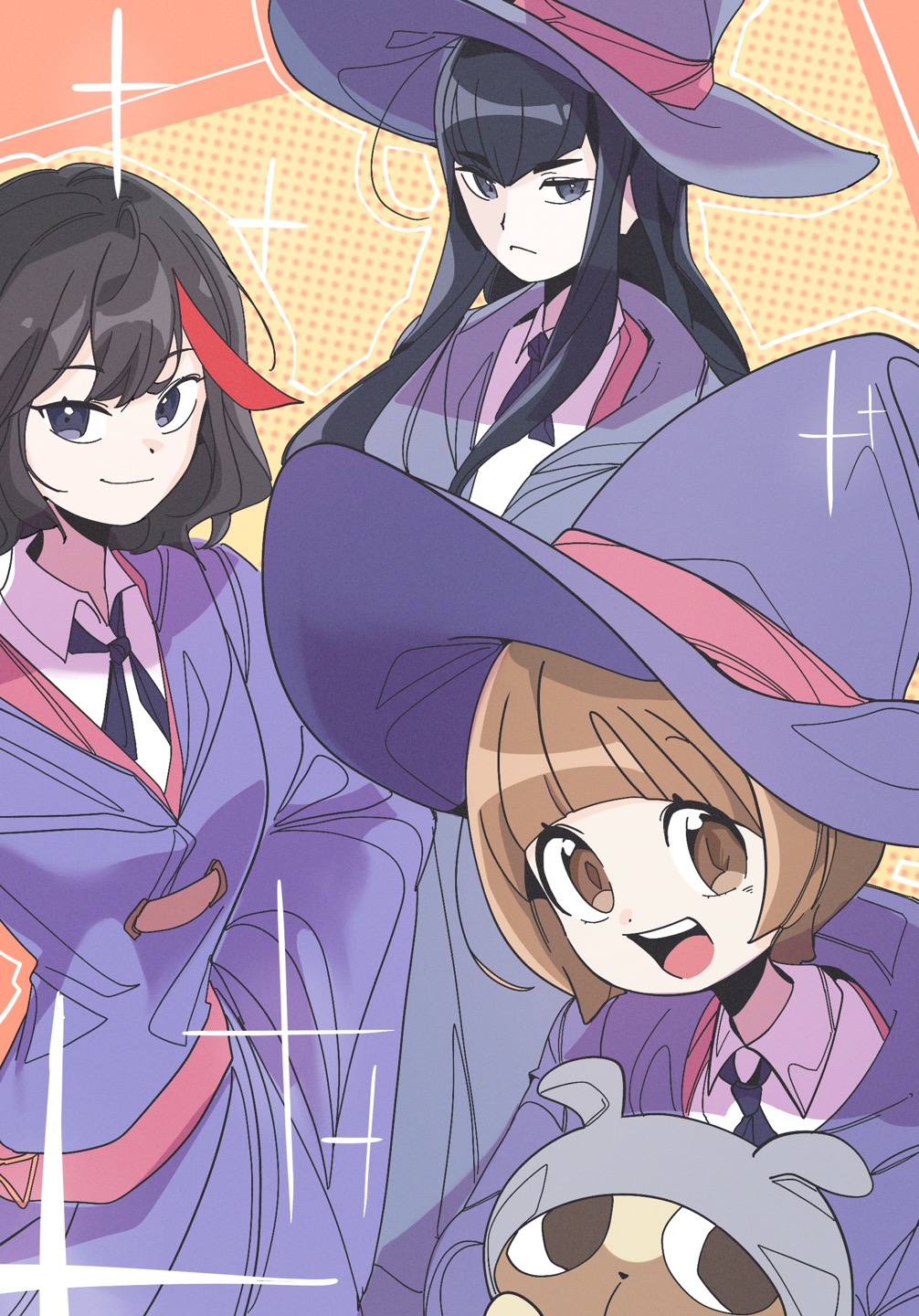 3girls alternate_costume animal black_eyes black_hair bob_cut brown_eyes brown_hair creator_connection dog guts_(kill_la_kill) hashtag-only_commentary hat highres holding holding_animal kill_la_kill kiryuuin_satsuki little_witch_academia long_hair looking_at_viewer luna_nova_school_uniform mankanshoku_mako matoi_ryuuko multicolored_hair multiple_girls nnf_nnf_mon open_mouth pointy_hat pug purple_hat purple_robe red_hair robe school_uniform shirt short_hair smile sparkle streaked_hair white_shirt witch