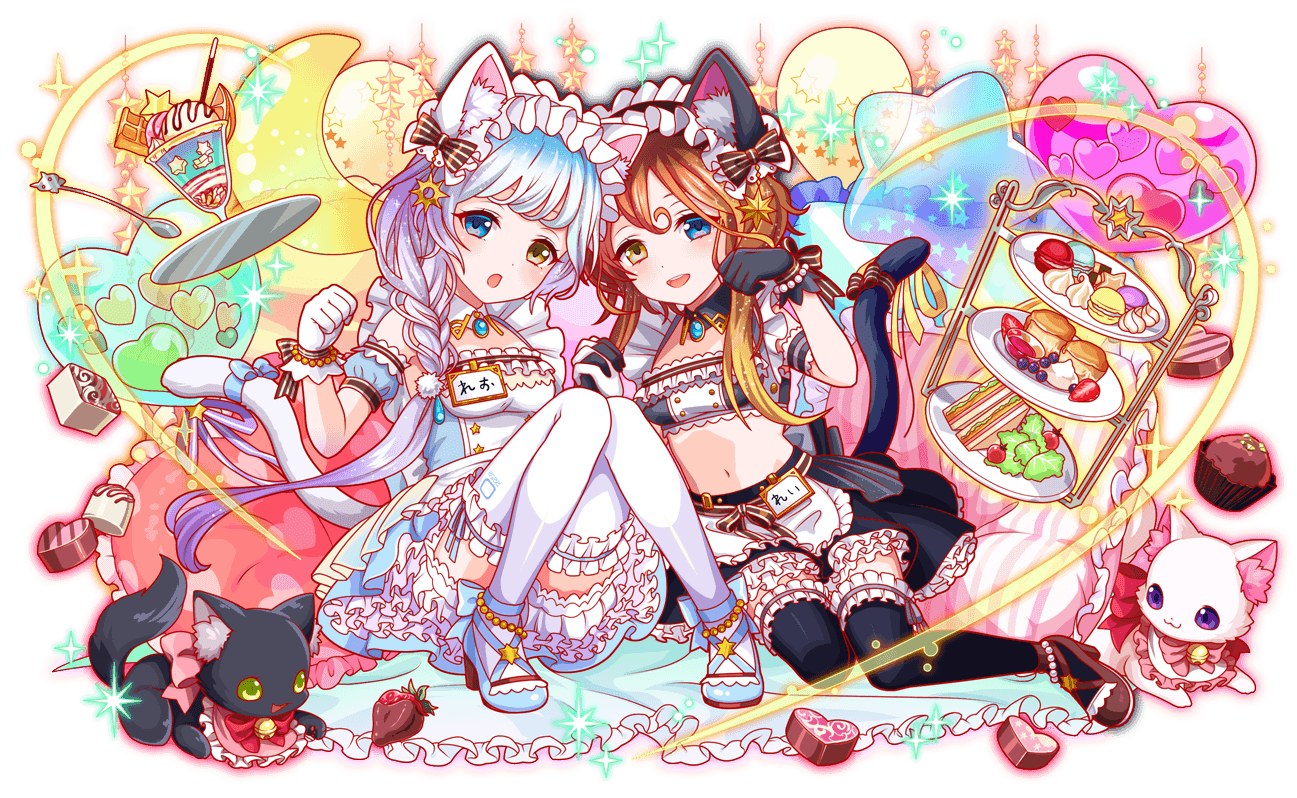 2girls alternate_costume alternate_hairstyle amulet animal_ear_fluff animal_ears anime_coloring apron aqua_bow aqua_dress aqua_eyes aqua_gemstone aqua_hair aqua_ribbon aqua_shoes aqua_sleeves armband artist_request balloon bandeau bare_shoulders beads bell bid_(clothes) black_armband black_bandeau black_bow black_cat black_collar black_gloves black_headband black_ribbon black_sleeve_cuffs black_tail black_thighhighs blonde_hair bloomers blueberry blush bow bracelet braid braided_ponytail breasts buttons candy cat cat_ears cat_tail character_name checkerboard_cookie chocolate chocolate_heart chocolate_strawberry chocolate_syrup clenched_hand collar colored_inner_animal_ears cookie crash_fever crescent crescent_balloon cupcake detached_sleeves double-breasted dress enmaided floating floating_object food footwear_bow frilled_apron frilled_bandeau frilled_collar frilled_dress frilled_headband frilled_pillow frilled_thighhighs frills fruit full_body galilei_(crash_fever) galileo_(crash_fever) game_cg glove_bow gloves gold_buttons gold_trim green_eyes hair_between_eyes hair_ornament head_tilt headband heart heart-shaped_food heart-shaped_pillow heart_balloon heart_print hexagram holding_hands horizontal-striped_bow ice_cream ice_cream_float jewelry jingle_bell kitten knees_together_feet_apart lace-trimmed_armband lace-trimmed_footwear lace-trimmed_sleeves lace_trim lettuce light_brown_hair long_hair low-braided_long_hair low-tied_long_hair macaron maid maid_apron maid_headdress medium_breasts midriff multicolored_hair multiple_girls name_tag neck_bell number_print numbered octagram official_alternate_hairstyle official_art open_mouth orange_(fruit) orange_outline orange_slice outline paw_pose petticoat pillow pink_bow pink_collar pinstripe_bow pinstripe_ribbon plate pocky pom_pom_(clothes) pom_pom_hair_ornament puffy_short_sleeves puffy_sleeves purple_eyes purple_hair purple_ribbon red_bow red_outline ribbon sailor_collar sandwich shoes short_hair short_hair_with_long_locks short_sleeves side_braid side_ponytail sitting sleeve_cuffs solo sparkle spoon square square_print star-shaped_cookie star-shaped_food star_(symbol) star_balloon star_button star_ornament strappy_heels strawberry strawberry_slice striped_bow striped_pillow tachi-e tail tail_bow tail_ornament teardrop-shaped_gem teeth thighhighs third-party_source tomato transparent_background tray two-tone_hair underwear upper_teeth_only vertical-striped_pillow vertical-striped_ribbon very_long_hair waffle whipped_cream white_background white_bloomers white_cat white_chocolate white_headdress white_petticoat white_sailor_collar white_stripes white_thighhighs yellow_eyes yokozuwari