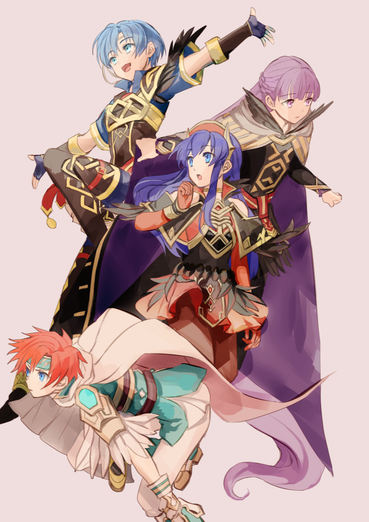 1boy 3girls blue_eyes blue_hair blue_tunic fire_emblem fire_emblem:_the_binding_blade fire_emblem_heroes lilina_(fire_emblem) lilina_(resplendent)_(fire_emblem) long_hair multiple_girls nintendo official_alternate_costume purple_eyes purple_hair red_hair roy_(fire_emblem) roy_(resplendent)_(fire_emblem) shoochiku_bai sophia_(fire_emblem) sophia_(resplendent)_(fire_emblem) tunic