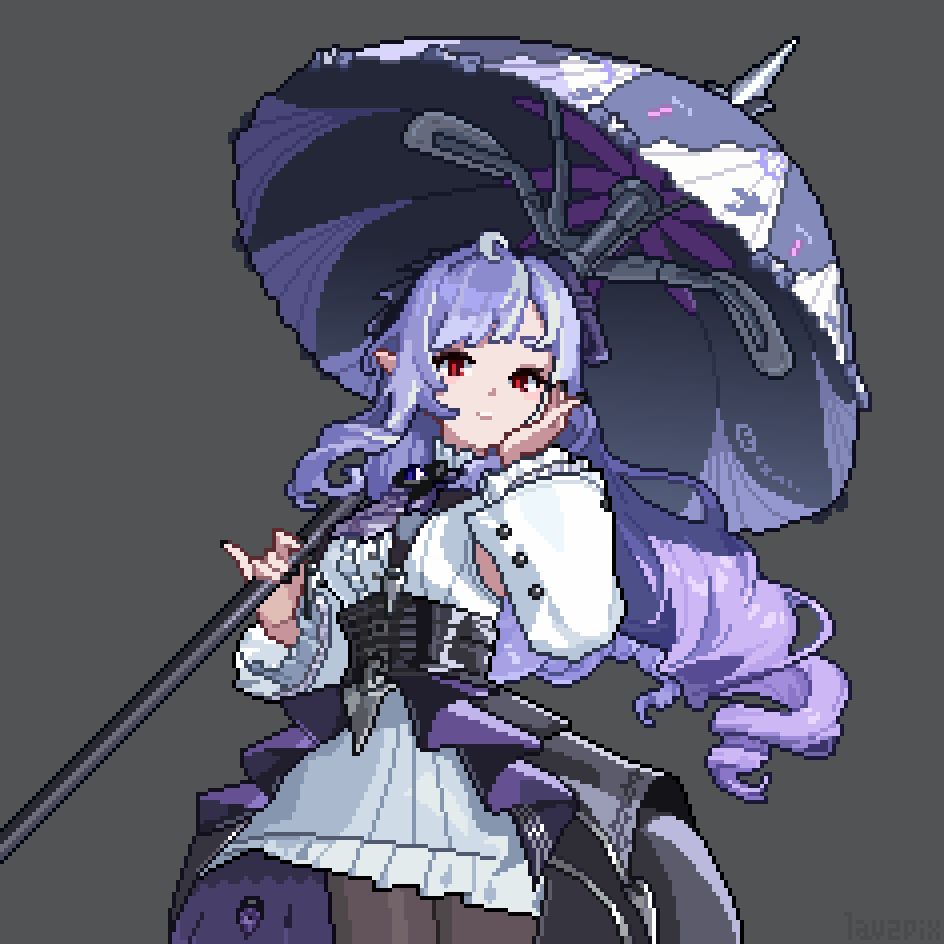 1girl ascot black_ascot brown_pantyhose closed_mouth commentary_request cowboy_shot dress grey_background hand_on_own_cheek hand_on_own_face holding holding_umbrella lavlav0 looking_at_viewer pantyhose pixel_art purple_hair red_eyes solo umbrella vivian_banshee white_dress zenless_zone_zero