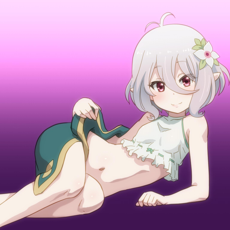 1girl antenna_hair awa closed_mouth hair_between_eyes kokkoro_(princess_connect!) looking_at_viewer pink_eyes pointy_ears princess_connect! short_hair simple_background smile solo split_mouth white_hair