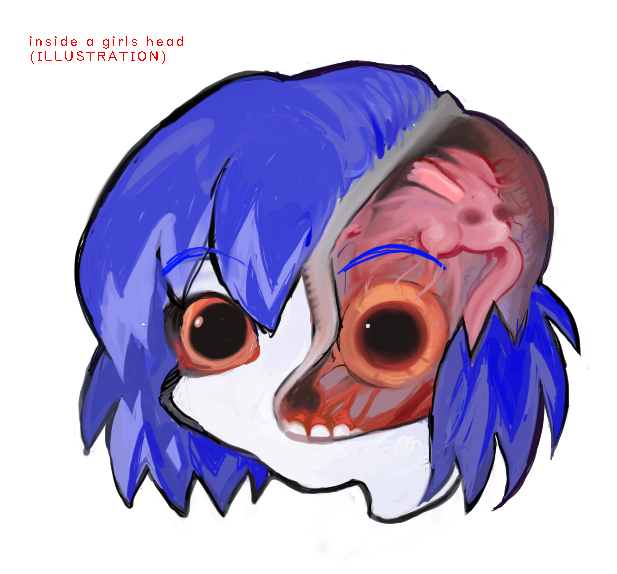 1girl 8eyes anatomy bloodshot_eyes blue_hair bob_cut brain colored_skin commentary cross-section english_text exposed_brain guro no_skin teeth white_skin yogurt200