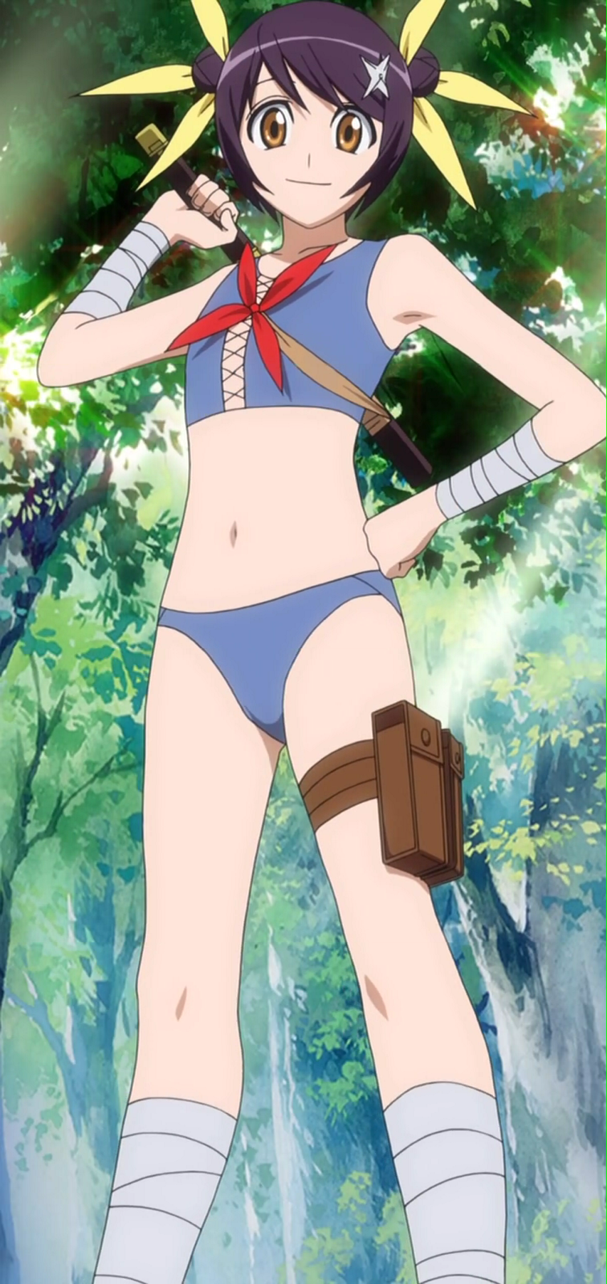 00s 1girl anime_screenshot armpits bandages bikini double_bun female_focus fishnets flat_chest hair_bun hair_ribbon hand_on_own_hip highres himawari himawari! hinata_himawari hip_focus hyuuga_himawari nature navel ninja orange_eyes outdoors purple_hair ribbon sheath short_hair shuriken smile solo stitched swimsuit tankini thigh_strap third-party_edit weapon