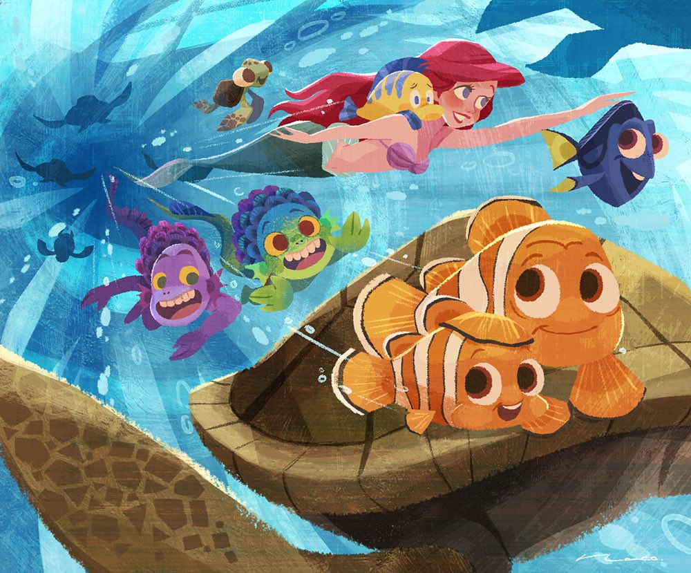 2girls 6+boys alberto_scorfano ariel_(disney) bikini blue_eyes bubble commentary disney dory_(finding_nemo) english_commentary finding_nemo fish fish_boy flounder_(the_little_mermaid) long_hair luca_(pixar) luca_paguro male_focus marlin mermaid monster_boy monster_girl multiple_boys multiple_girls naco_oekaki navel nemo_(finding_nemo) open_mouth pixar red_hair red_lips shell shell_bikini smile swimsuit the_little_mermaid_(disney) turtle underwater