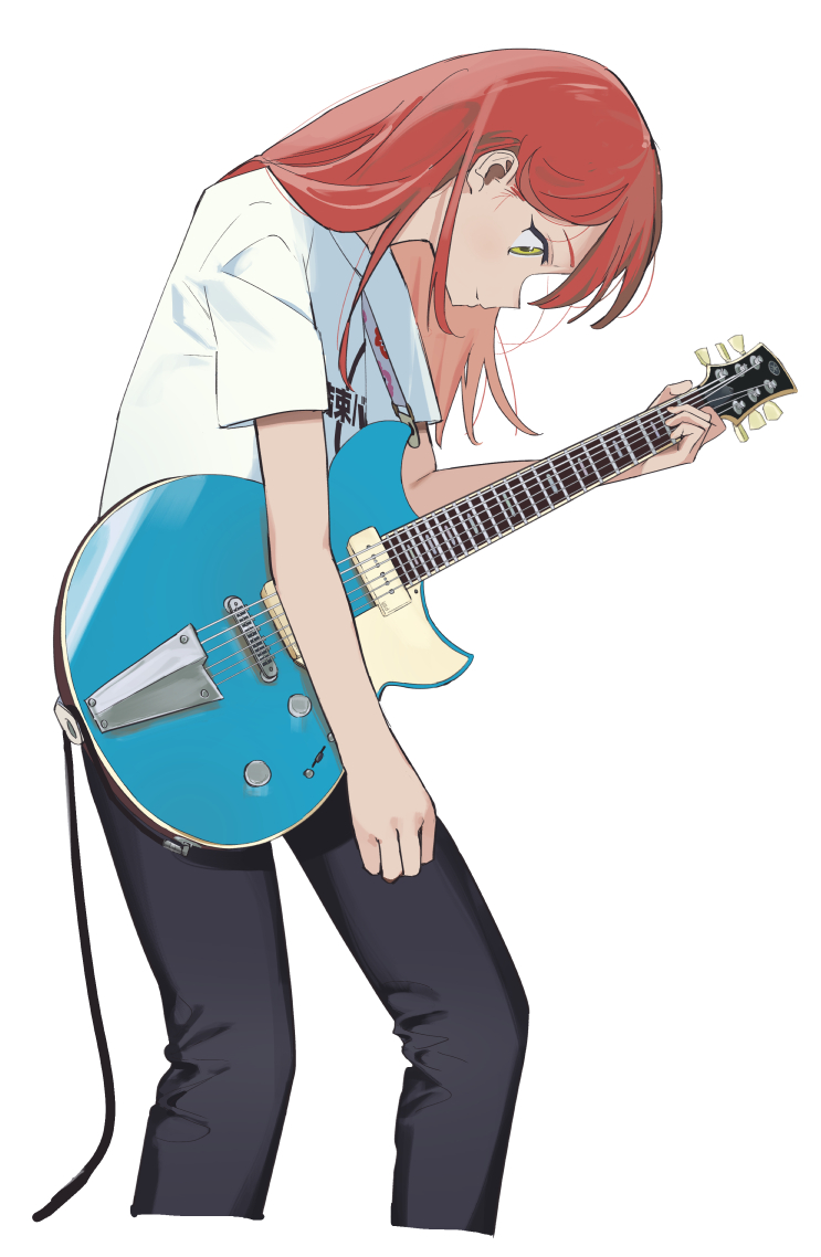 1girl black_pants bocchi_the_rock! cable closed_mouth commentary cropped_legs electric_guitar green_eyes guitar hair_down instrument kessoku_band kita_ikuyo pants playing_guitar playing_instrument red_hair shirt short_sleeves simple_background solo white_background white_shirt yamaha yamamura_saki