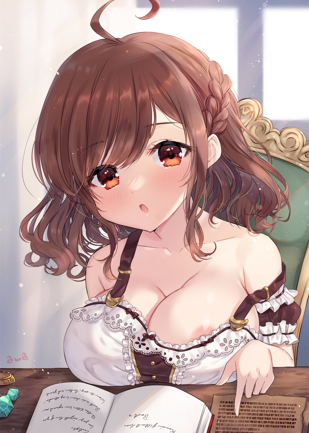 1girl :o ahoge areola_slip awayuki_ramika blush book braid breast_rest breasts brown_eyes brown_hair chair cleavage collarbone commentary_request curtains desk dress gem highres large_breasts looking_at_viewer medium_hair off_shoulder open_book open_mouth original sitting solo strap_slip white_dress window