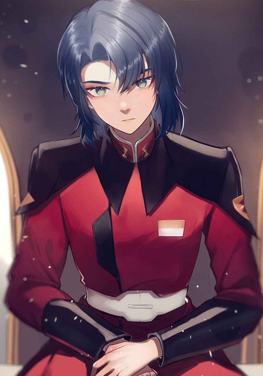 1boy athrun_zala bai_rui belt blue_hair green_eyes gundam gundam_seed gundam_seed_destiny highres male_focus military military_uniform red_uniform short_hair sitting solo zaft_uniform