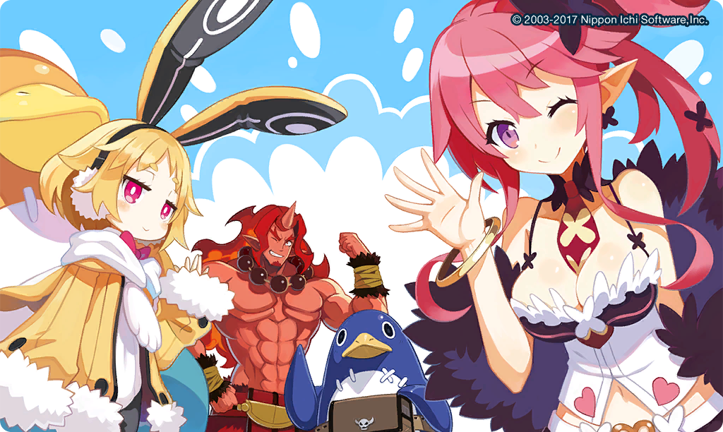 1boy 1other 2girls animal_ears bangle bare_shoulders between_breasts bird blonde_hair bracelet breasts cleavage closed_mouth commentary_request copyright_notice copyright_request disgaea earmuffs fake_animal_ears hair_between_eyes hand_on_own_hip hand_up horns jewelry long_hair looking_at_viewer multiple_girls muscular muscular_male necktie necktie_between_breasts official_art one_eye_closed penguin pink_hair pointy_ears prinny purple_eyes rabbit_ears red_hair red_magnus seraphina_(disgaea) smile standing ta_ga_tame_no_alchemist third-party_source topless_male upper_body usalia_(disgaea)