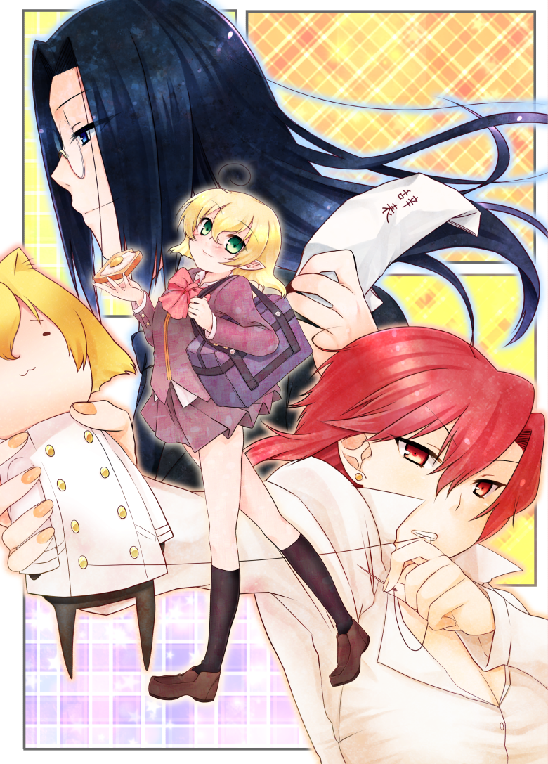 1girl 2boys aozaki_touko aozaki_touko_(mahou_tsukai_no_yoru) bad_id bad_pixiv_id black_hair blonde_hair character_doll doll fumizuka_eiri glasses green_eyes kamehima lugh_beowulf mahou_tsukai_no_yoru multiple_boys red_hair school_uniform sewing trap