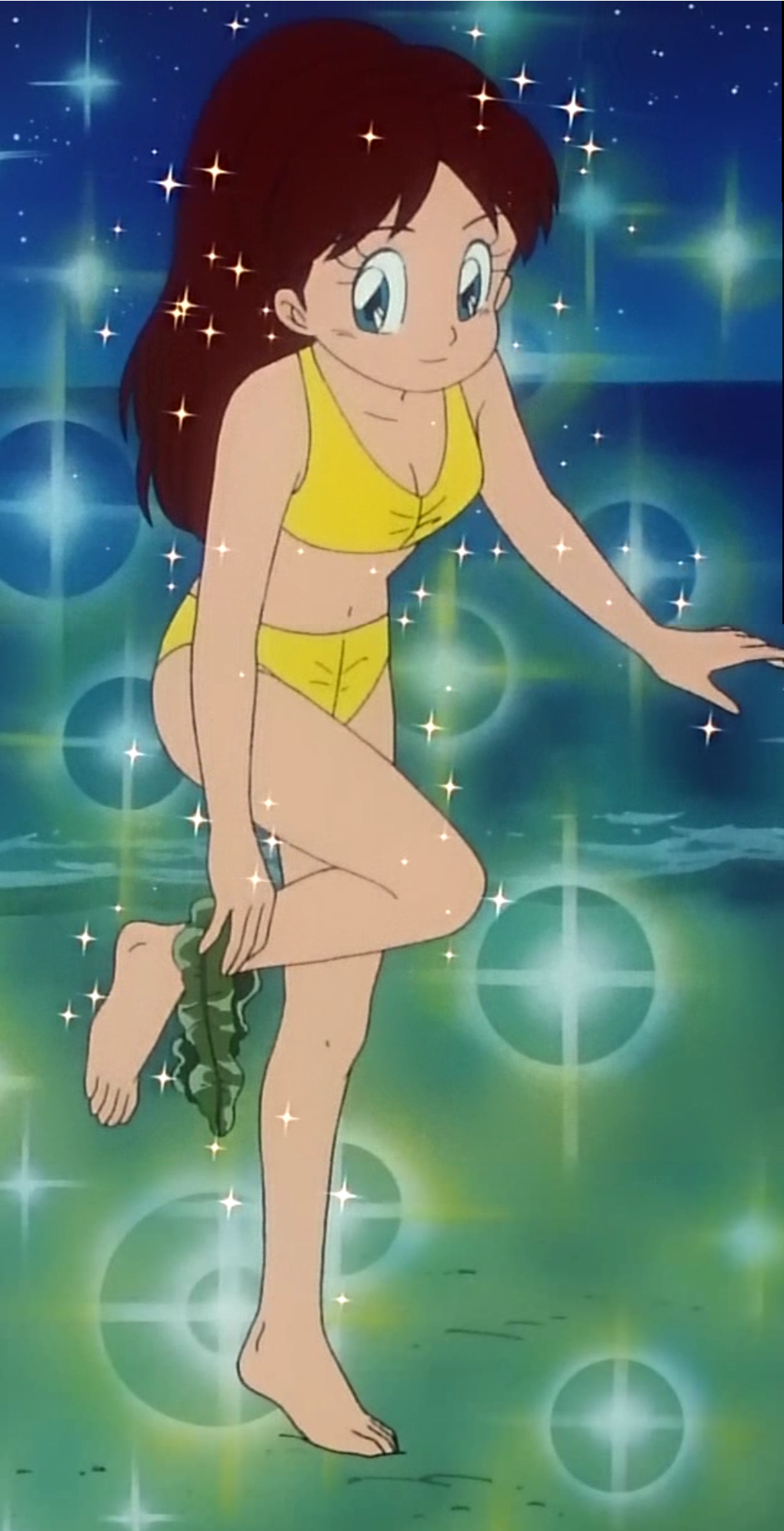 1990s_(style) 1991 1girl bare_legs barefoot beach bikini blue_eyes breasts brown_hair child cleavage feet genji_tsuushin_agedama heike_ibuki highres kelp leg_lift midriff navel night ocean outdoors ponytail retro_artstyle sand screencap shining_eyes small_breasts smile swimsuit toenails toes water yellow_bikini