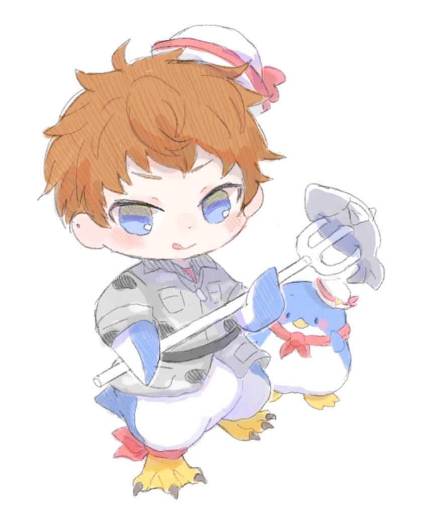 1boy :q animal animal_hands animal_legs bird blue_eyes blush busujima_rio_mason camouflage camouflage_jacket chibi dixie_cup_hat dog_tags fish flippers full_body fusion grey_jacket hat holding_polearm hypnosis_mic jacket male_focus military_hat orange_hair penguin polearm red_scarf sanrio scarf short_hair simple_background sleeve_rolled_up standing suke8364 tongue tongue_out trident tuxedo_sam very_short_hair weapon white_background