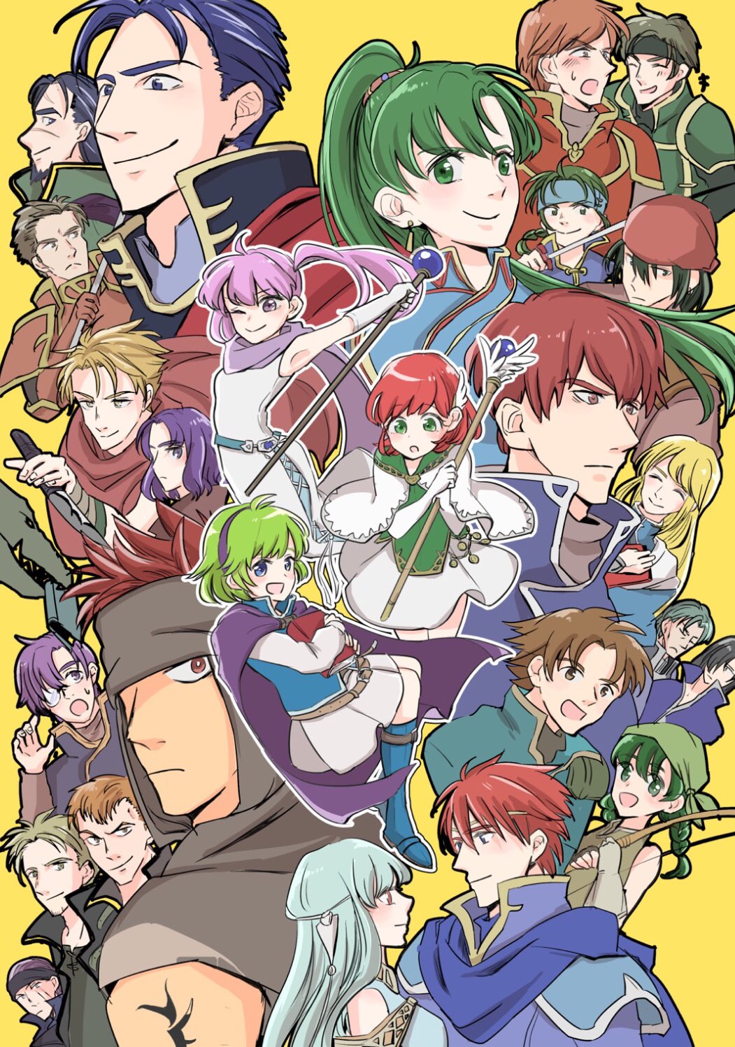 6+boys 6+girls androgynous angry armor arrow_(projectile) bandana blonde_hair blue_eyes blue_hair blush boots bow_(weapon) braid brother_and_sister brown_eyes brown_hair canas_(fire_emblem) cape cloak closed_eyes dress earrings elbow_gloves eliwood_(fire_emblem) erk_(fire_emblem) fingerless_gloves fire_emblem fire_emblem:_the_blazing_blade gloves green_eyes green_hair guy_(fire_emblem) hair_over_shoulder hairband headband hector_(fire_emblem) high_ponytail highres hoshigaki_(hsa16g) jaffar_(fire_emblem) jewelry karel_(fire_emblem) kent_(fire_emblem) knife legault_(fire_emblem) linus_(fire_emblem) lloyd_(fire_emblem) long_hair looking_at_viewer lucius_(fire_emblem) lyn_(fire_emblem) matthew_(fire_emblem) multiple_boys multiple_girls ninian_(fire_emblem) nino_(fire_emblem) nintendo one_eye_closed open_mouth orange_hair oswin_(fire_emblem) pelvic_curtain pink_hair ponytail priscilla_(fire_emblem) purple_eyes rath_(fire_emblem) raven_(fire_emblem) rebecca_(fire_emblem) red_eyes red_hair renault_(fire_emblem) robe sain_(fire_emblem) scarf serra_(fire_emblem) short_hair siblings side_slit skirt smile staff sword trap twin_braids twintails uther_(fire_emblem) weapon wide_hips wil_(fire_emblem)