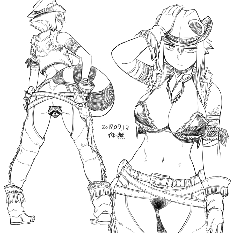 1girl animal_ears araiguma-san bandaged_arm bandages bandana belt belt_buckle bikini bikini_top_only boots borrowed_design breasts buckle censored chaps commentary cowboy_hat cowboy_western cropped_vest dated ears_through_headwear female_pubic_hair fringe_trim gloves greyscale gun gunbelt hand_on_headwear hands_on_own_hips hat holster large_breasts legs_apart light_frown looking_at_viewer looking_back moderate_pubic_hair monochrome multiple_views navel no_panties novelty_censor open_clothes open_vest original pubic_hair raccoon raccoon_ears raccoon_tail short_hair sidelocks signature sketch swimsuit tail tsukudani_(coke-buta) vest weapon
