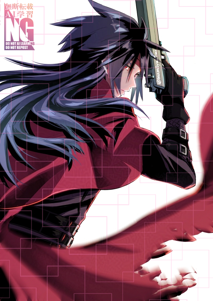 1boy belt belt_buckle black_gloves black_hair black_jacket buckle cape cloak closed_mouth commentary_request final_fantasy final_fantasy_vii from_behind gloves gun handgun headband holding holding_gun holding_weapon jacket long_hair long_sleeves looking_to_the_side male_focus multiple_belts nanami_shingu red_cape red_cloak red_eyes red_headband solo torn_cape torn_clothes twitter_username upper_body vincent_valentine weapon
