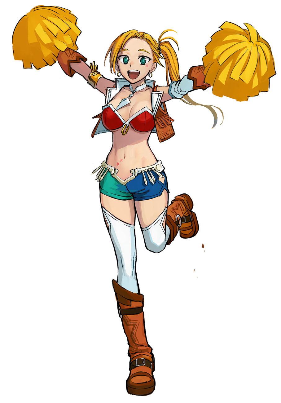 1girl aqua_eyes arms_up b_suke bikini blonde_hair blue_shorts boots breasts brown_boots brown_vest calamity_jane_(fate) calamity_jane_(first_ascension)_(fate) fate/grand_order fate_(series) full_body highres holding holding_pom_poms looking_at_viewer medium_breasts medium_hair one_side_up open_mouth pom_pom_(cheerleading) pom_poms red_bikini shorts simple_background smile solo swimsuit teeth thighhighs upper_teeth_only vest white_background white_thighhighs