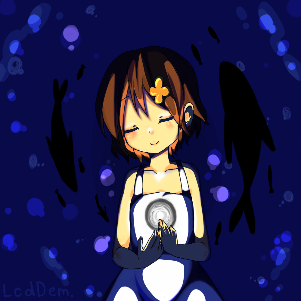 1girl chie_(lcddem) closed_eyes collarbone dress female_focus fish head_tilt lcddem shimapanda smile solo