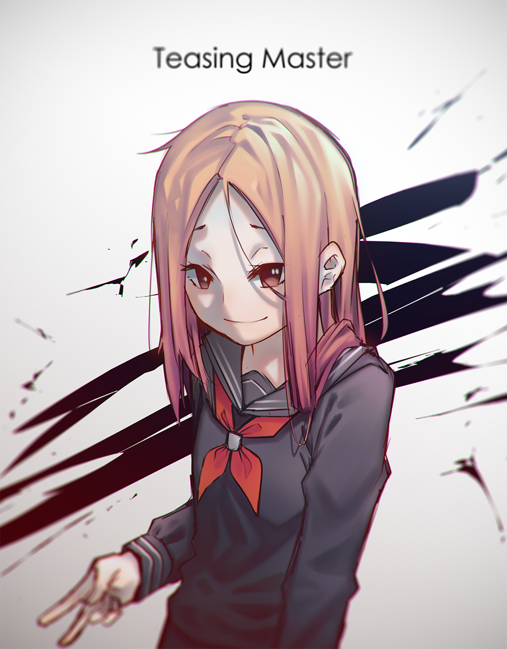 10s 1girl black_serafuku black_shirt brown_eyes brown_hair female_focus highres karakai_jouzu_no_takagi-san long_sleeves mazumaro sailor_collar school_uniform serafuku shirt smile solo takagi-san