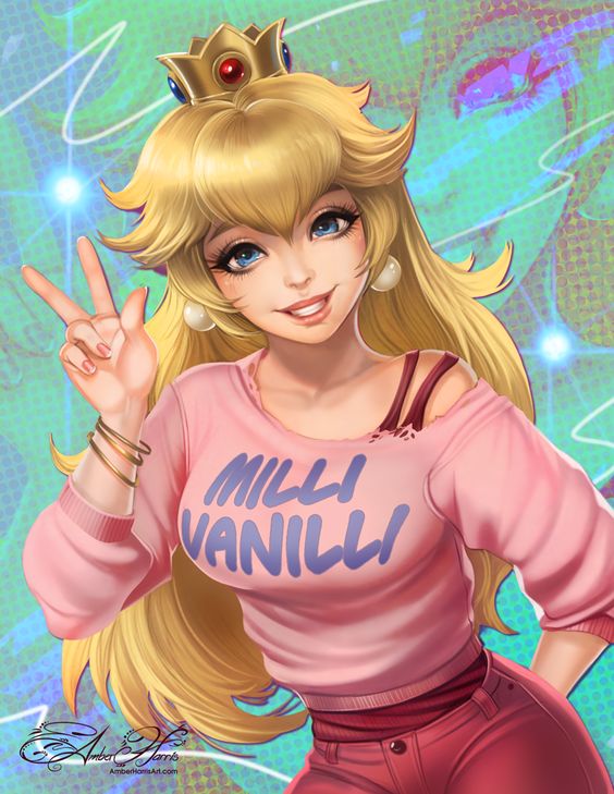 1girl amber_harris blonde_hair blue_eyes breasts crown earrings grin hand_up jewelry long_hair looking_at_viewer mario_(series) medium_breasts nintendo pants princess_peach smile solo sweater the_adventures_of_super_mario_bros._3 v