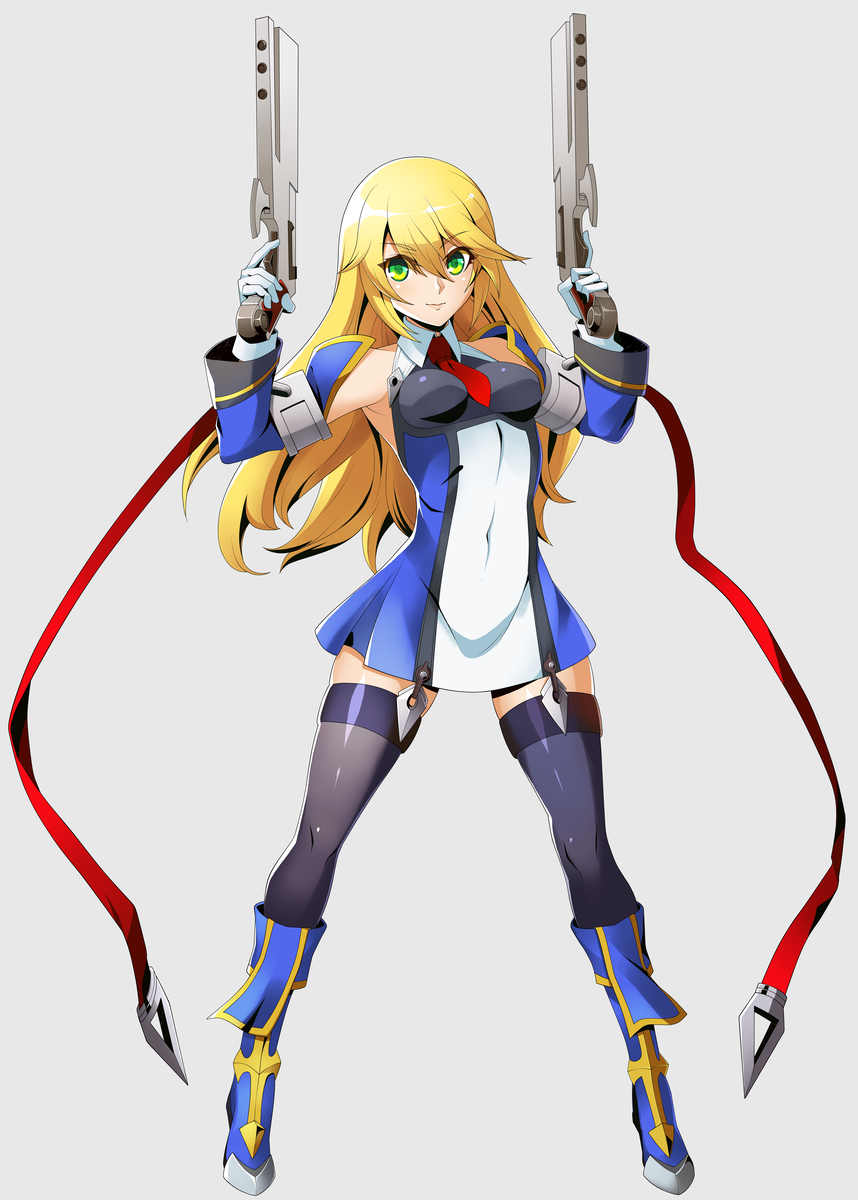 1girl alternate_breast_size alternate_hair_length alternate_hairstyle backless_dress backless_outfit bare_shoulders black_thighhighs blazblue blonde_hair bolverk breasts detached_sleeves dress dual_wielding full_body gloves green_eyes grey_background gun handgun holding komekko_158 necktie noel_vermillion red_necktie short_hair small_breasts standing thighhighs weapon