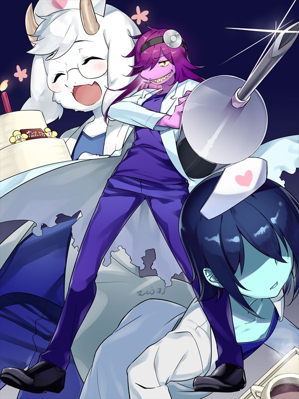 1boy 1girl 1other black_footwear blue_pants blue_skin blush cake closed_eyes colored_skin cup deltarune flowey_(undertale) food glasses glint hair_over_eyes hair_over_one_eye hat horns hp_nokoketaetouyona kris_(dark_world)_(deltarune) kris_(deltarune) lab_coat long_hair mug nurse nurse_cap oversized_object pants pink_skin purple_hair ralsei sharp_teeth simple_background standing susie_(dark_world)_(deltarune) susie_(deltarune) syringe teeth white_hair yellow_eyes