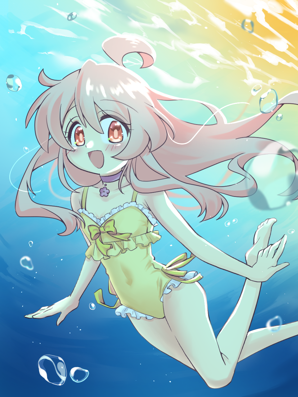 1girl :d ahoge air_bubble bare_arms bare_legs bare_shoulders barefoot breasts brown_eyes bubble choker collarbone commentary foot_out_of_frame frilled_one-piece_swimsuit frills genderswap genderswap_(mtf) hair_between_eyes highres long_hair looking_at_viewer nemu0701 one-piece_swimsuit onii-chan_wa_oshimai! open_mouth oyama_mahiro pink_choker pink_hair small_breasts smile solo swimsuit underwater yellow_one-piece_swimsuit