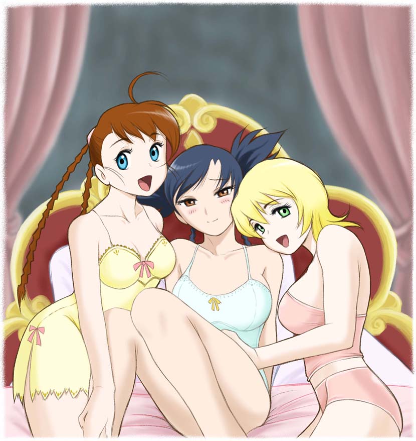 00s 3girls arika_yumemiya bare_shoulders bed blonde_hair blue_eyes blue_hair blush breasts brown_eyes brown_hair erstin_ho friends green_eyes large_breasts lingerie long_hair looking_back multiple_girls my-otome nina_wang open_mouth sabachiyo_land short_hair smile twintails underwear yuri
