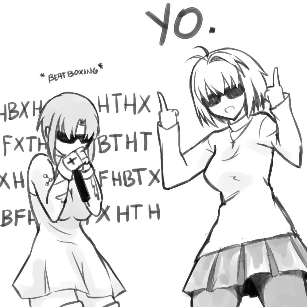 2girls ahoge arcueid_brunestud beatboxing ciel_(tsukihime) domus-avrea dress multiple_girls pantyhose powered_ciel rapping short_hair sketch skirt sleeveless sleeveless_dress sunglasses sweater tattoo tsukihime tsukihime_(remake) turtleneck turtleneck_sweater upper_body