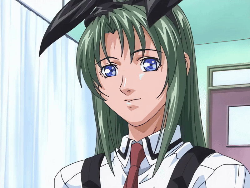 00s 1girl 2001 animal_ears animated animated_gif bible_black bible_black_night_of_the_walpulgiss blue_eyes green_hair ito_mika long_hair necktie rabbit_ears school_uniform smile tagme