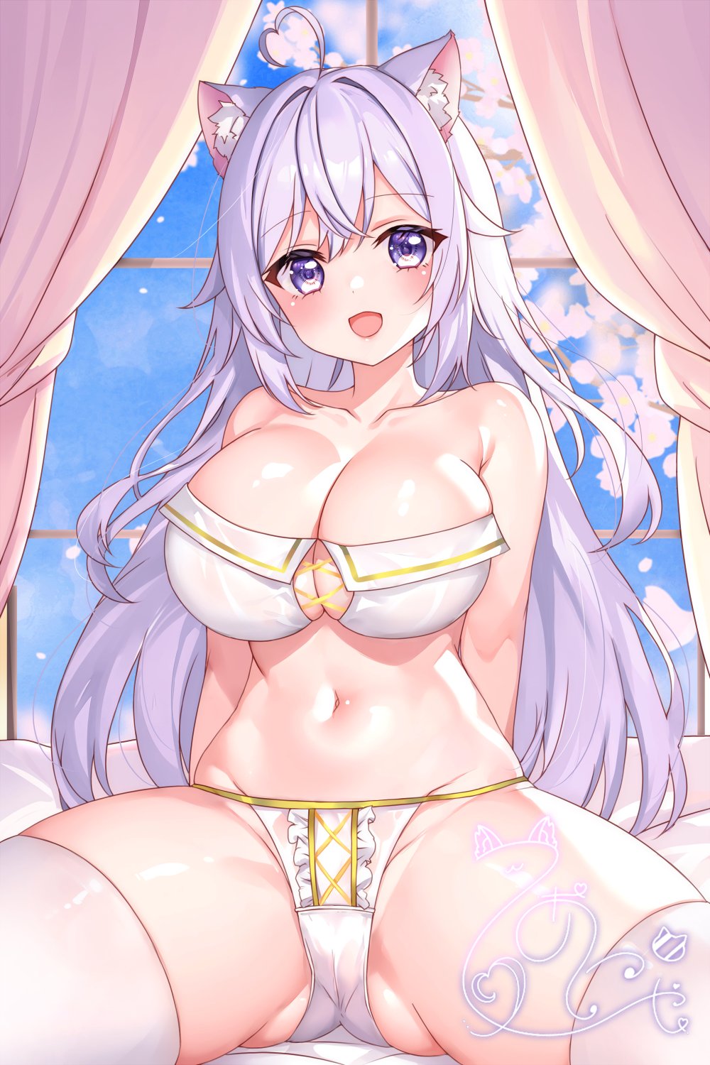 1girl ahoge animal_ears arms_behind_head bare_arms bare_shoulders bra breasts cameltoe cat_ears cinu cleavage cleavage_cutout clothing_cutout collarbone curtains gluteal_fold heart heart_ahoge highres indie_virtual_youtuber large_breasts long_hair looking_at_viewer navel open_mouth panties purple_eyes second-party_source sitting smile solo spread_legs stomach strapless strapless_bra string_panties theanya thighhighs thighs underwear underwear_only very_long_hair virtual_youtuber white_bra white_hair white_panties white_thighhighs