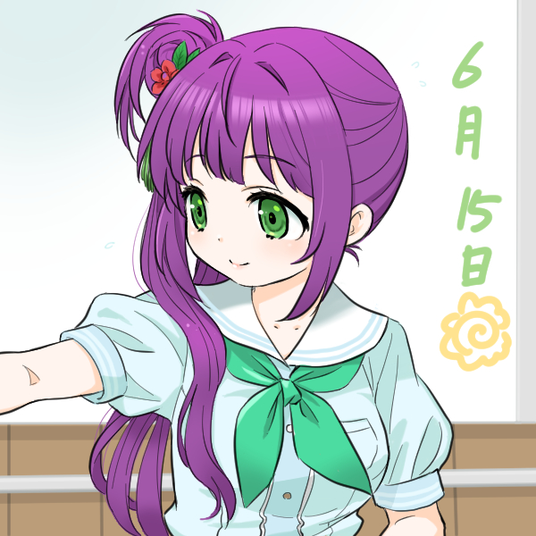 1girl aqua_neckerchief blue_dress breasts closed_mouth commentary_request dated dress flower green_eyes hair_bun hair_flower hair_ornament hanamaru hasu_no_sora_school_uniform link!_like!_love_live! lone_nape_hair long_hair love_live! medium_breasts neckerchief otomune_kozue outstretched_arm pleated_dress puffy_short_sleeves puffy_sleeves purple_hair red_flower sailor_collar sailor_dress school_uniform shinanoya_(satanicad) short_sleeves side_ponytail sidelocks single_side_bun smile solo split_mouth summer_uniform upper_body virtual_youtuber white_sailor_collar whiteboard