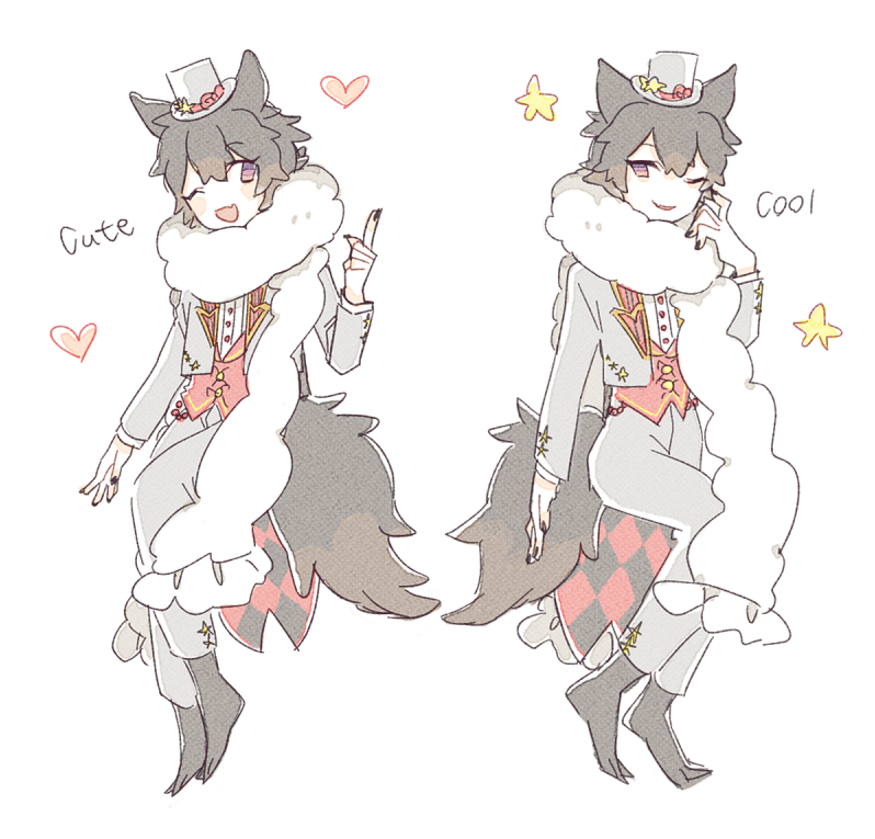 1boy animal_ears animal_feet arne_no_jikenbo barefoot black_hair blazer blush_stickers bow buttons collared_jacket commentary commentary_request dress_pants dress_shirt english_commentary english_text fang formal_clothes fur-trimmed_scarf fur_scarf fur_trim grey_hat grey_jacket grey_pants grey_suit hair_between_eyes hand_on_own_cheek hand_on_own_face happy hat hat_bow hat_ornament jacket lapels layered_sleeves long_sleeves male_focus mini_hat mini_top_hat mixed-language_commentary notched_lapels one_eye_closed open_clothes open_jacket open_mouth pants purple_eyes red_bow red_vest scarf shirt short_hair shuntaro_(tya_nya0000) simple_background skin_fang smile smirk star_(symbol) star_button star_hat_ornament suit tail top_hat variations vest white_background white_scarf white_shirt wolf_boy wolf_ears wolf_tail zisye