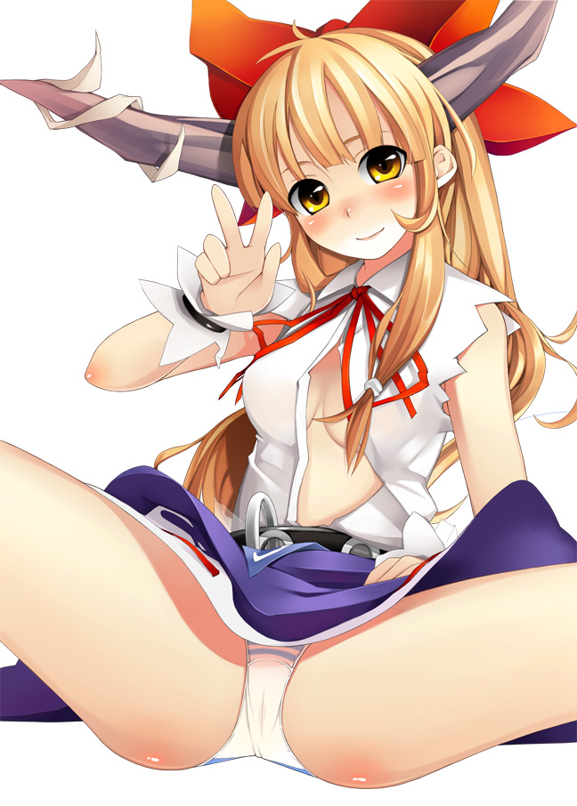 1girl arm_up bad_id bad_pixiv_id belt blonde_hair blush bow breasts female_focus hair_bow head_tilt horns ibuki_suika long_hair midriff no_bra open_clothes open_shirt panties ribbon shirt sitting skirt sleeveless sleeveless_shirt small_breasts smile solo spread_legs striped_clothes striped_panties topo_(bacchustab) topo_bevitore touhou underwear upskirt v white_panties wrist_cuffs wrist_ribbon yellow_eyes