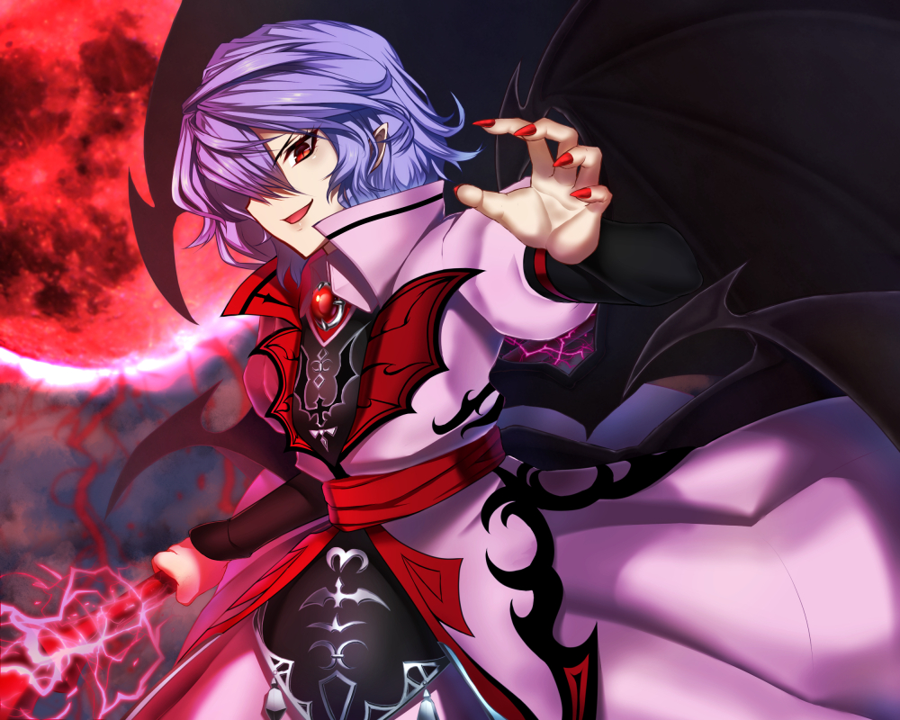 1girl animal_print bat_print bat_wings black_background black_shirt black_wings blue_hair brooch claw_pose commentary_request fingernails floating_clothes gem hair_between_eyes holding holding_weapon jacket jewelry koumajou_densetsu lightning long_fingernails looking_at_viewer mattyakinako_(odango_imomushi) moon open_mouth pink_jacket pointy_ears reaching reaching_towards_viewer red_eyes red_gemstone red_moon red_nails red_sash remilia_scarlet sash sharp_fingernails shirt short_hair simple_background smile solo touhou weapon wings