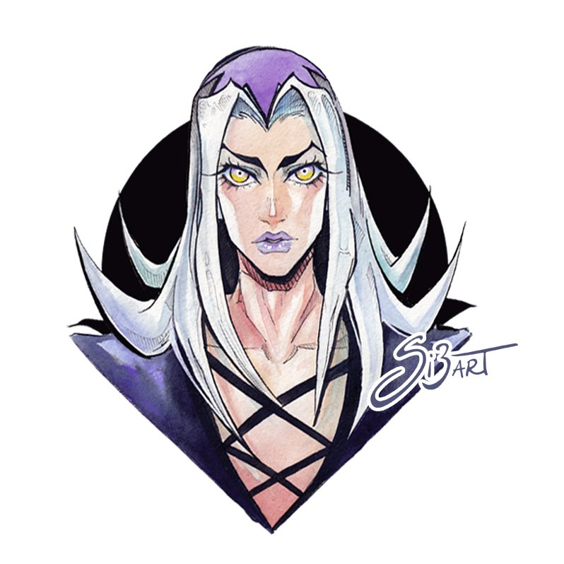 1boy commentary cropped_torso english_commentary grey_hair hat jojo_no_kimyou_na_bouken leone_abbacchio long_hair makeup male_focus painting_(medium) plunging_neckline portrait purple_hat purple_lips si3art signature solo spiked_hair traditional_media vento_aureo watercolor_(medium) white_background yellow_eyes