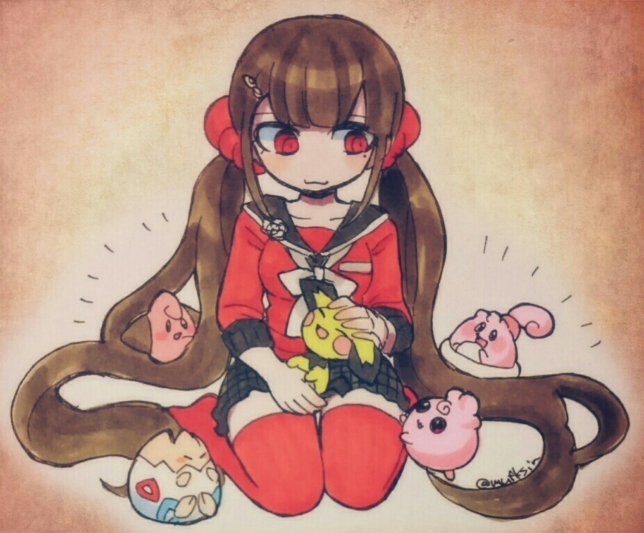 1girl :3 black_skirt blush blush_stickers bow brown_hair cleffa closed_eyes closed_mouth commentary_request crossover danganronpa_(series) danganronpa_v3:_killing_harmony eyelashes gen_2_pokemon gen_4_pokemon hair_ornament hair_scrunchie hand_on_another&#039;s_head happiny harukawa_maki igglybuff kneeling long_hair long_sleeves mole mole_under_eye mufksin nintendo no_shoes notice_lines open_mouth pichu pokemon pokemon_(creature) red_eyes red_shirt red_thighhighs scrunchie shirt skirt smile thighhighs togepi twintails twitter_username very_long_hair white_bow