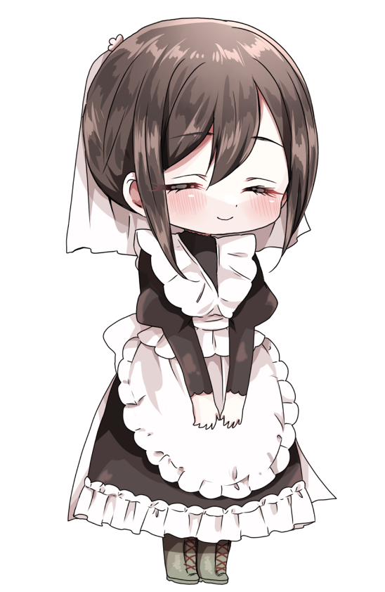 1girl apron back_bow blush boots bow brown_hair chibi chibi_only closed_eyes closed_mouth dress flower frilled_apron frilled_dress frills full_body grey_boots hair_between_eyes hair_bun hair_flower hair_ornament juliet_sleeves kimi_no_koto_ga_dai_dai_dai_dai_daisuki_na_100-nin_no_kanojo long_dress long_sleeves maid maid_apron meido_mei puffy_sleeves simple_background single_hair_bun smile solo veil white_apron white_background white_bow white_veil yumenobetsu